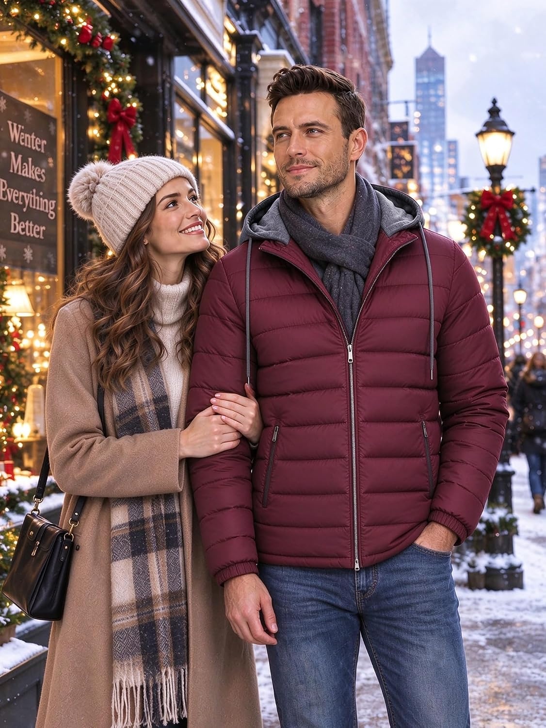 image:imagePuffer Jacket Men Lightweight Winter Coat Hooded Puffy Warm JacketBurgundy