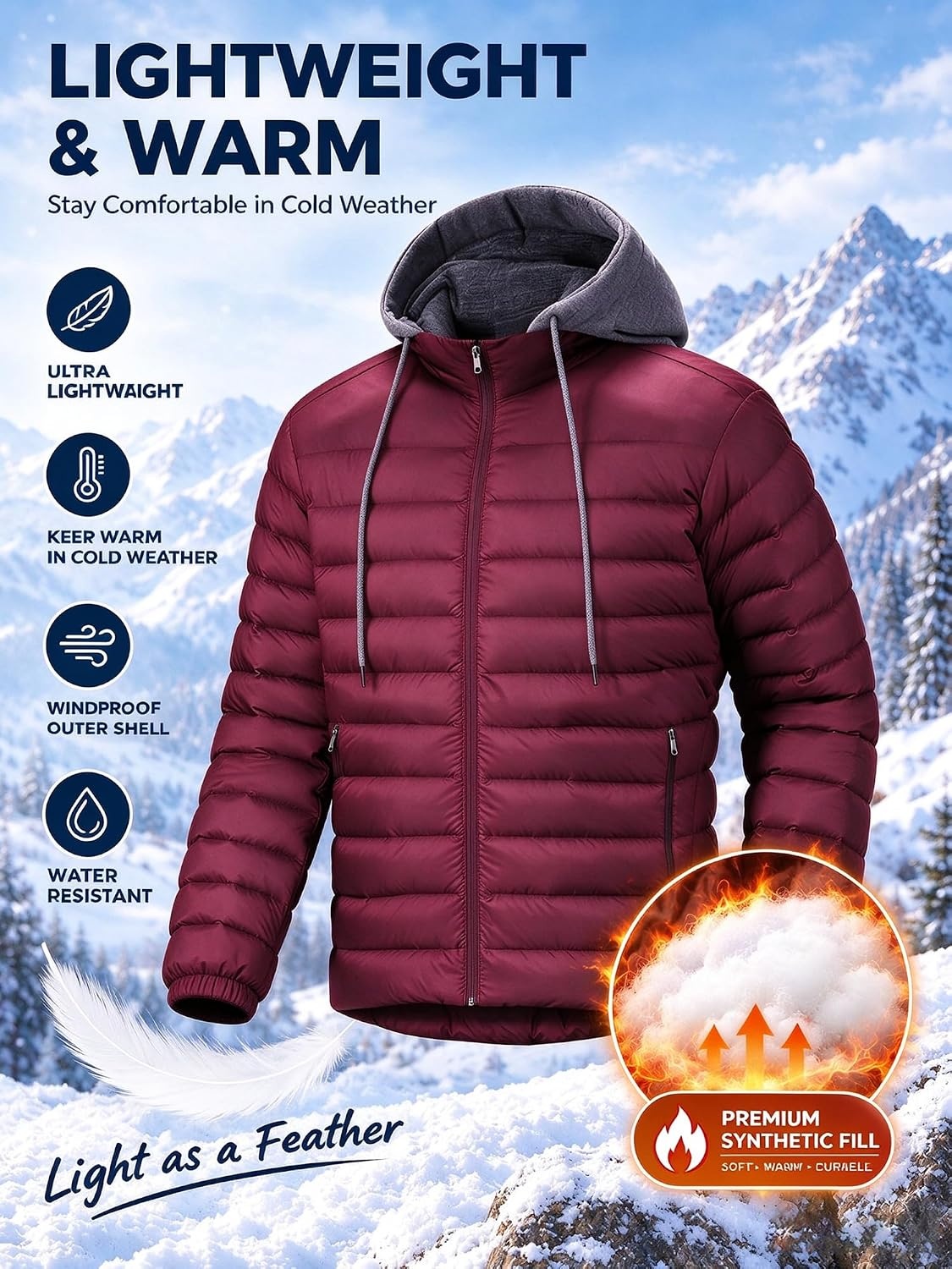 image:imagePuffer Jacket Men Lightweight Winter Coat Hooded Puffy Warm JacketBurgundy
