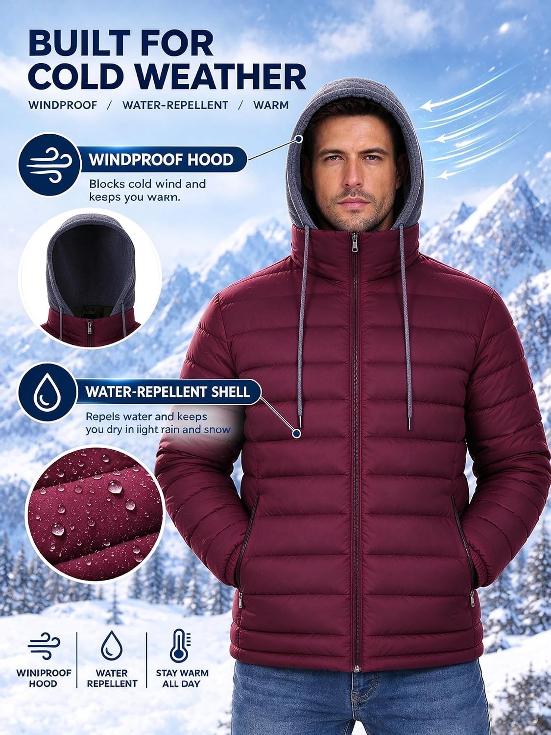 image:imagePuffer Jacket Men Lightweight Winter Coat Hooded Puffy Warm JacketBurgundy