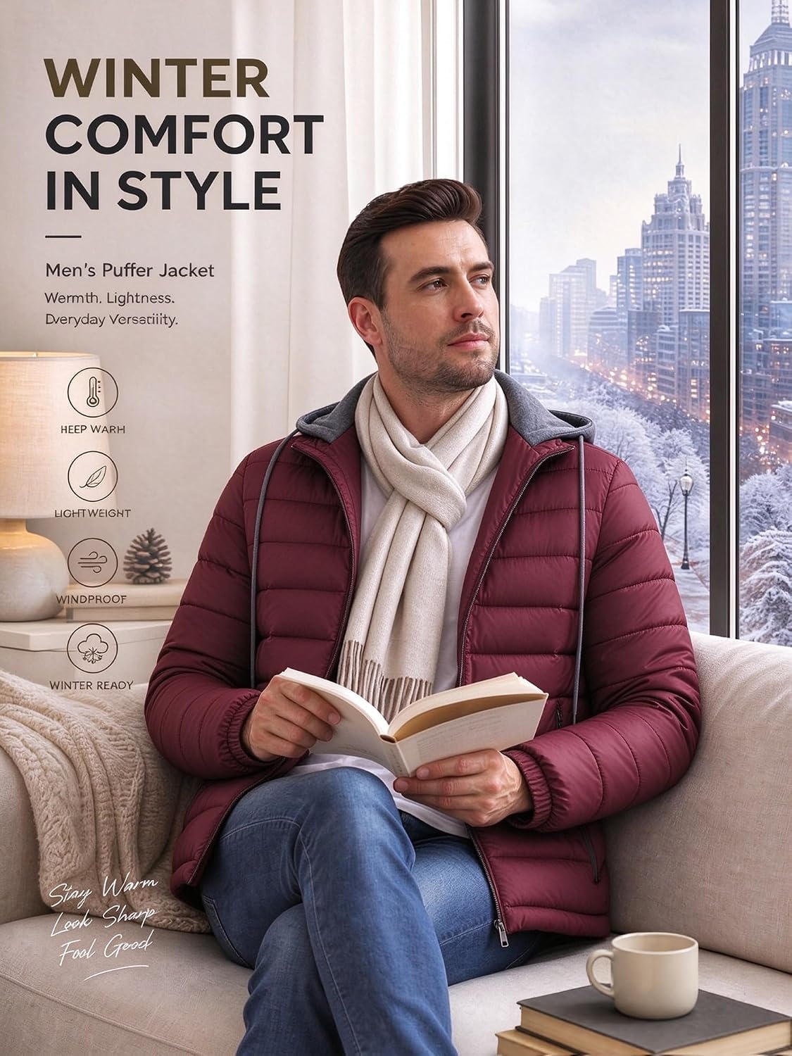 image:imagePuffer Jacket Men Lightweight Winter Coat Hooded Puffy Warm JacketBurgundy