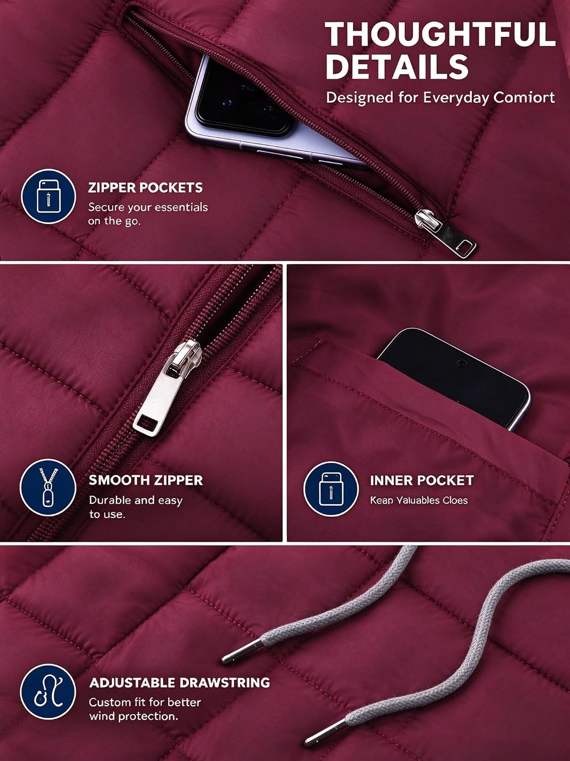 image:imagePuffer Jacket Men Lightweight Winter Coat Hooded Puffy Warm JacketBurgundy
