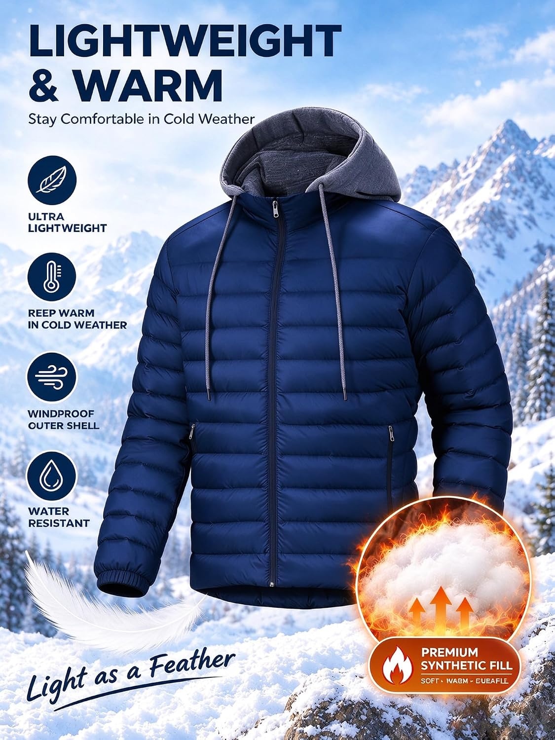 image:imagePuffer Jacket Men Lightweight Winter Coat Hooded Puffy Warm JacketDark Blue