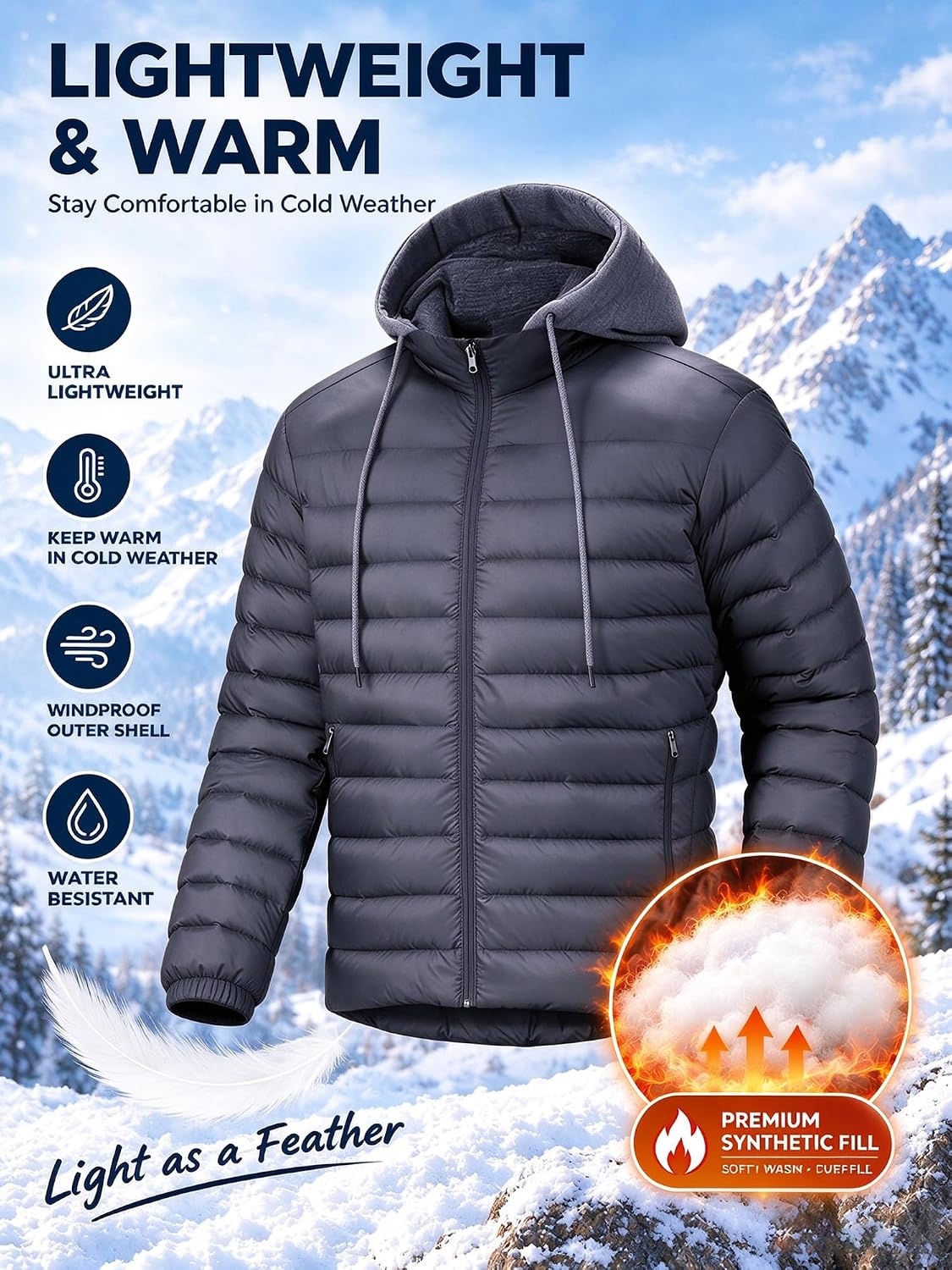 image:imagePuffer Jacket Men Lightweight Winter Coat Hooded Puffy Warm JacketDark Grey