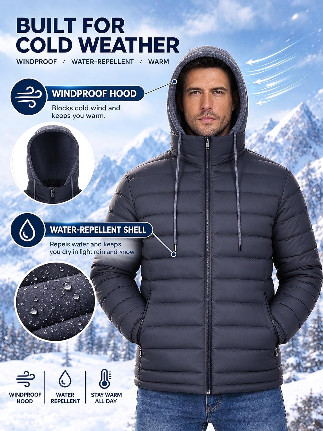 image:imagePuffer Jacket Men Lightweight Winter Coat Hooded Puffy Warm JacketDark Grey