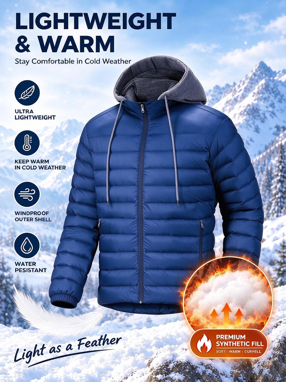 image:imagePuffer Jacket Men Lightweight Winter Coat Hooded Puffy Warm JacketNavy Blue