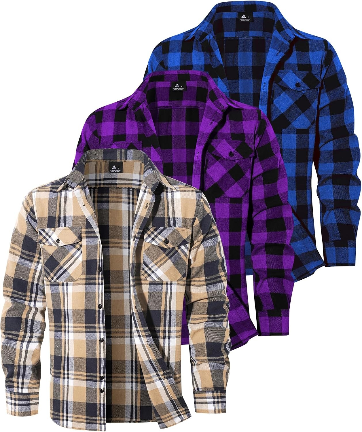 image:imageZITY 3 Pack Mens Flannel Plaid Collar Shirts Long Sleeve Button DownThree Blue Purple Beige