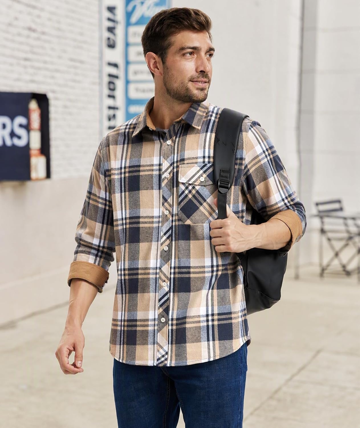 image:imageZITY 5 Pack Mens Flannel Shirt Long Sleeve Button Down Plaid ShirtsDark Blue Beigenavy Bluedark Graygreenred