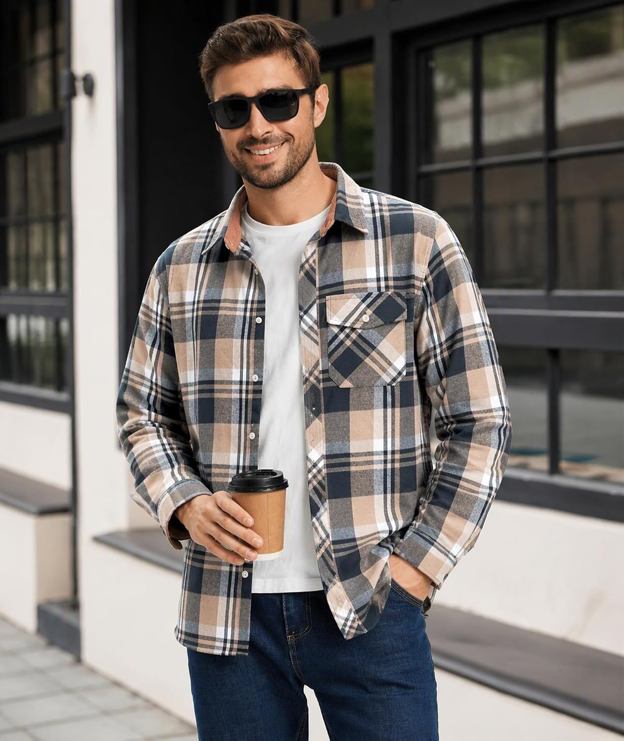 image:imageZITY 5 Pack Mens Flannel Shirt Long Sleeve Button Down Plaid ShirtsDark Blue Beigenavy Bluedark Graygreenred