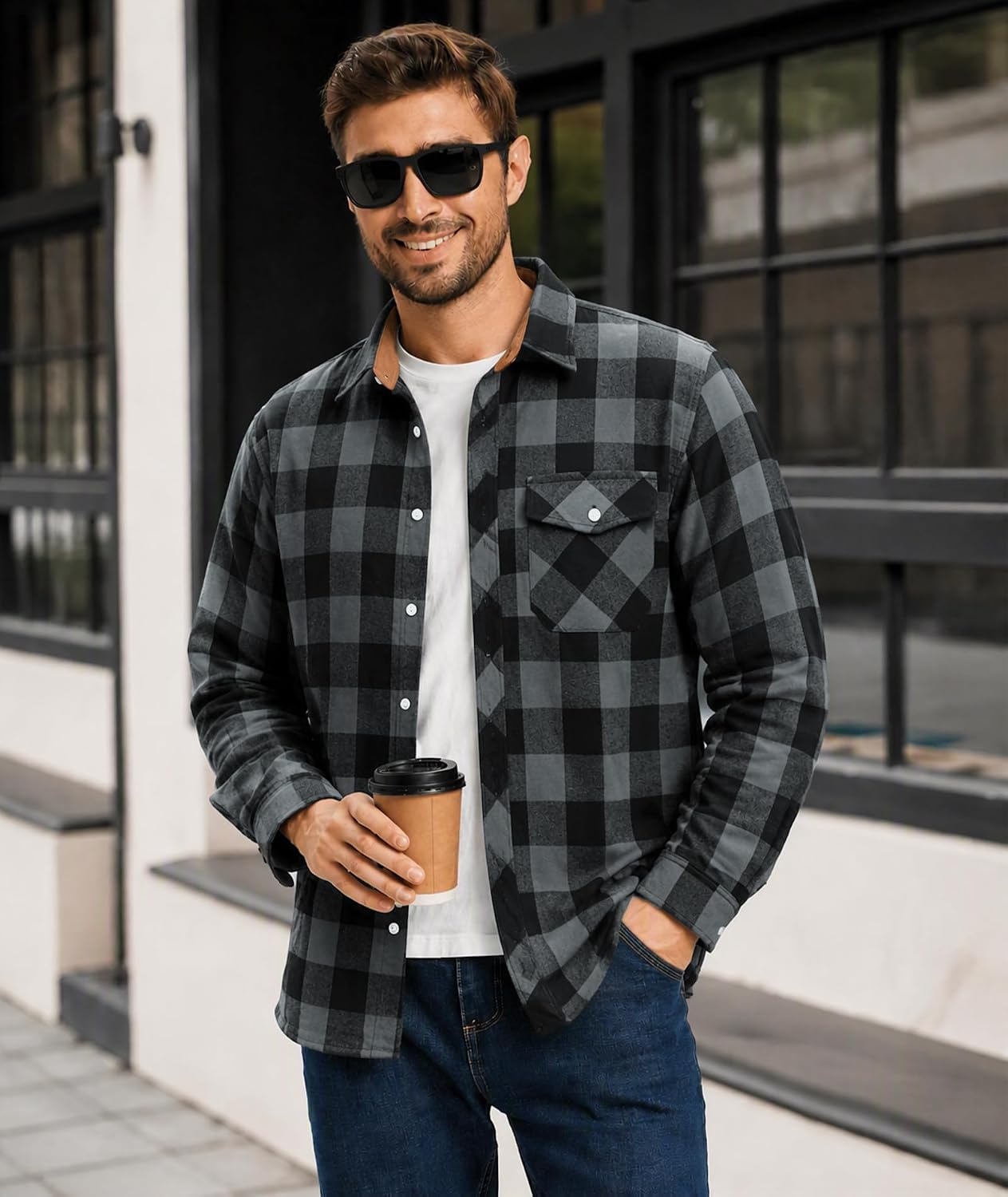 image:imageZITY 5 Pack Mens Flannel Shirt Long Sleeve Button Down Plaid ShirtsGreendark Graybluelight Gray Gridred