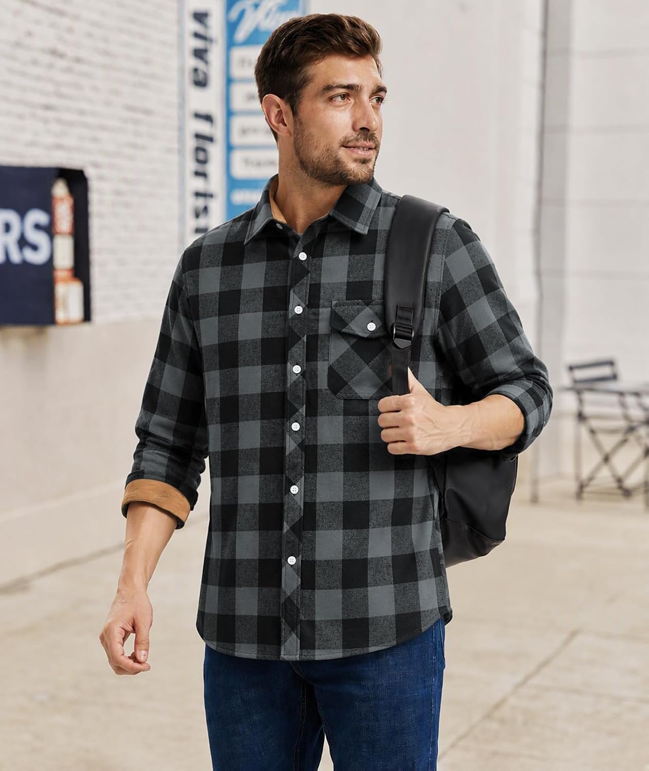 image:imageZITY 5 Pack Mens Flannel Shirt Long Sleeve Button Down Plaid ShirtsGreendark Graybluelight Gray Gridred