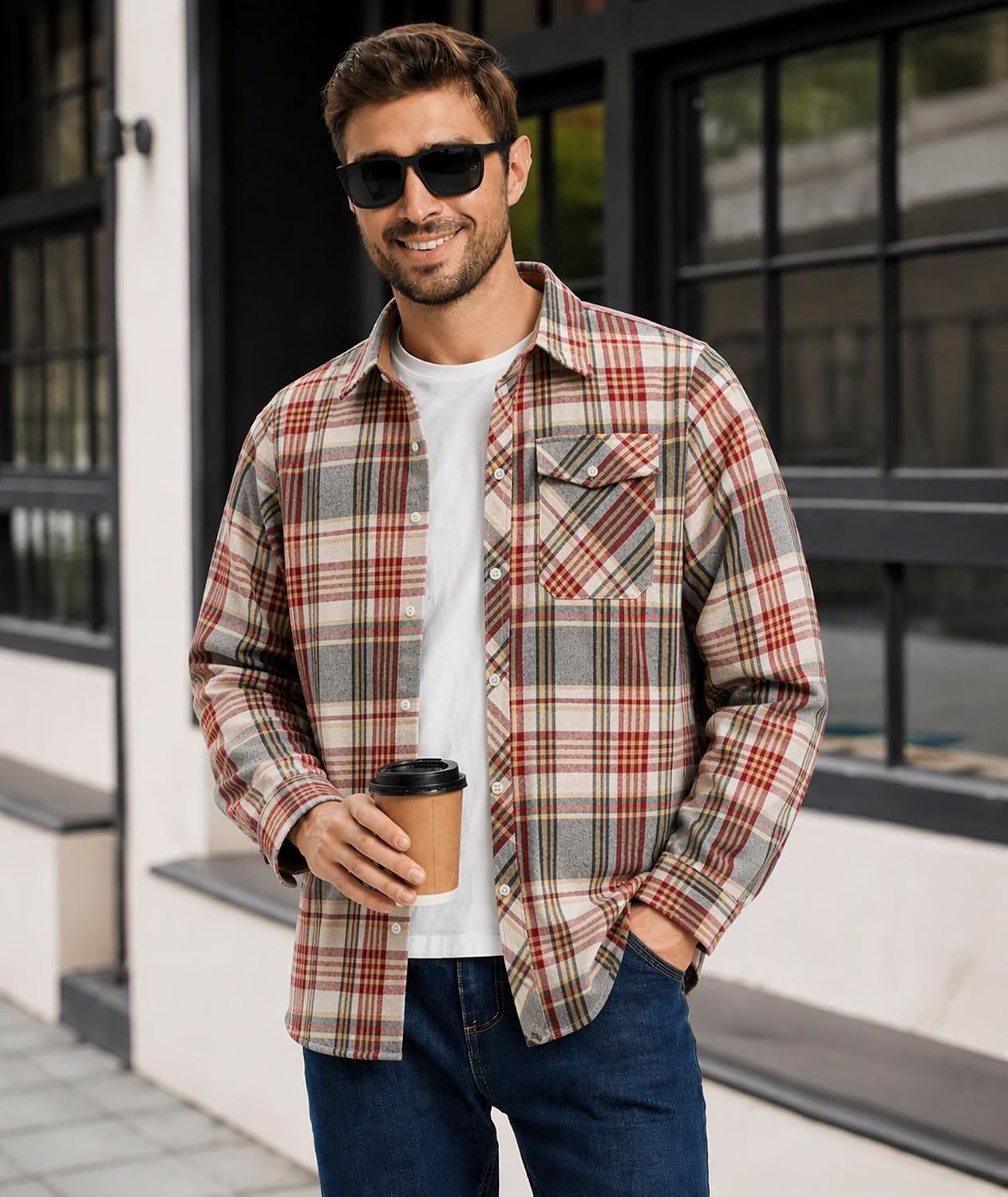 image:imageZITY 5 Pack Mens Flannel Shirt Long Sleeve Button Down Plaid ShirtsWine Red Ricenavy Bluelight Gray Gridnavy Blue Yellowdark Blue Beige