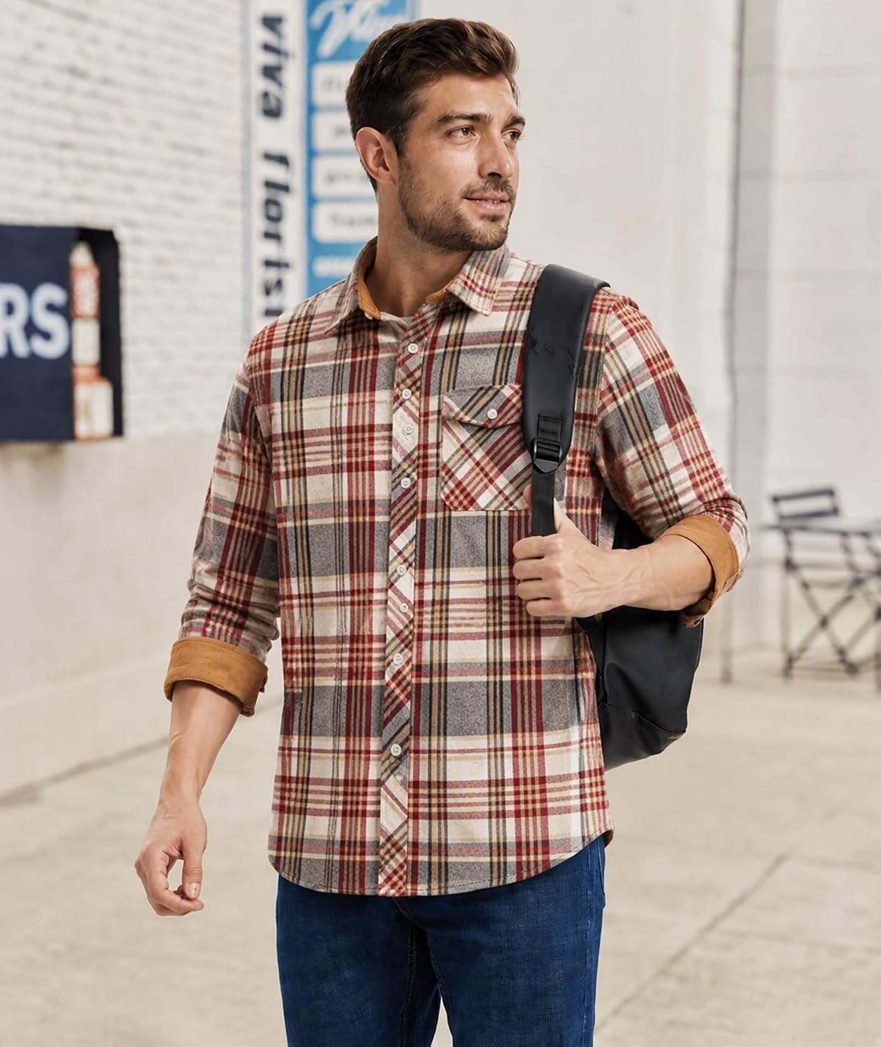 image:imageZITY 5 Pack Mens Flannel Shirt Long Sleeve Button Down Plaid ShirtsWine Red Ricenavy Bluelight Gray Gridnavy Blue Yellowdark Blue Beige