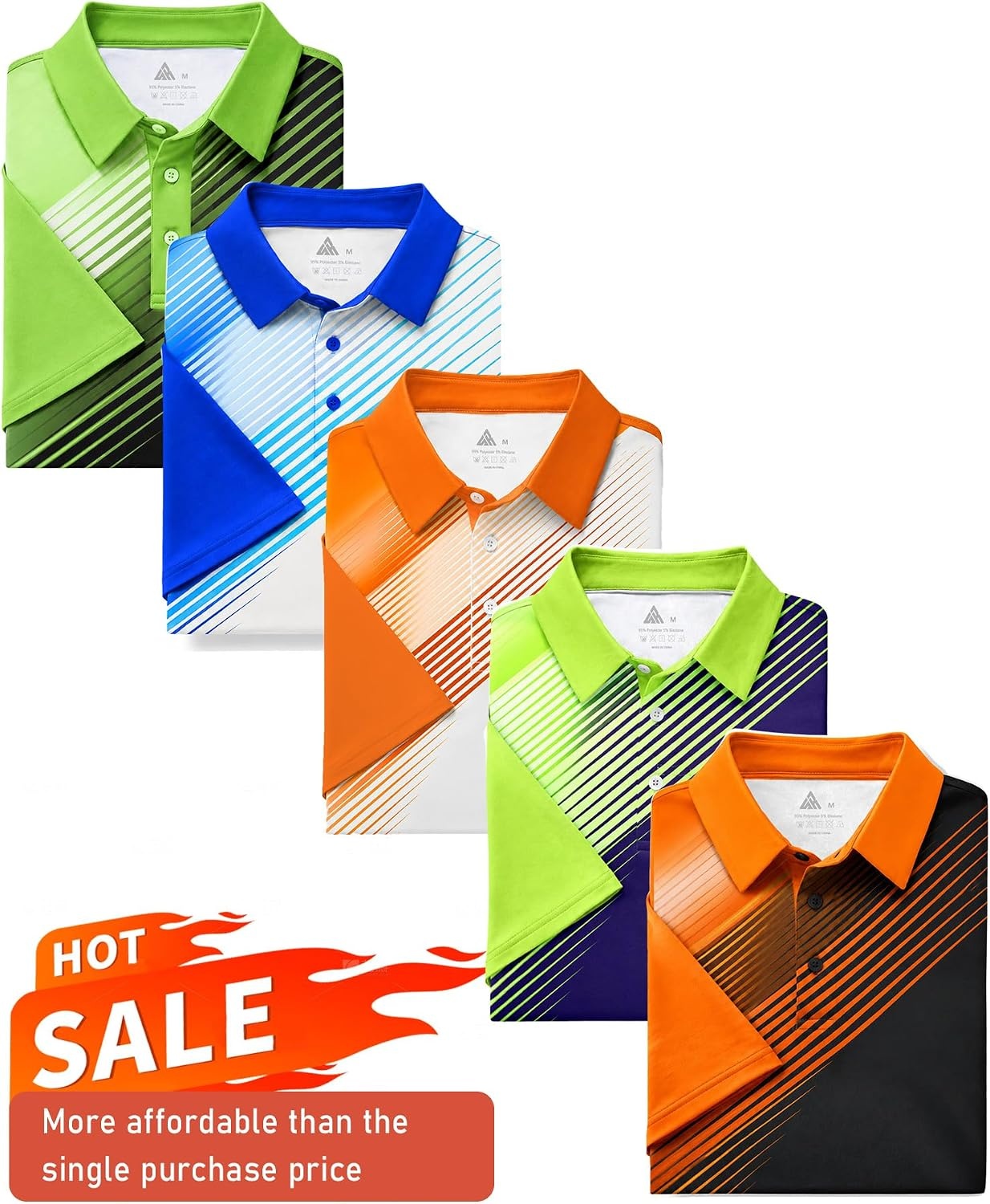 image:imageZITY 5 Pack Mens Golf Shirt Short Sleeve UPF 50 Print Patterns Casual PoloLemongreen Whiteblue Orange Blue Blackorange