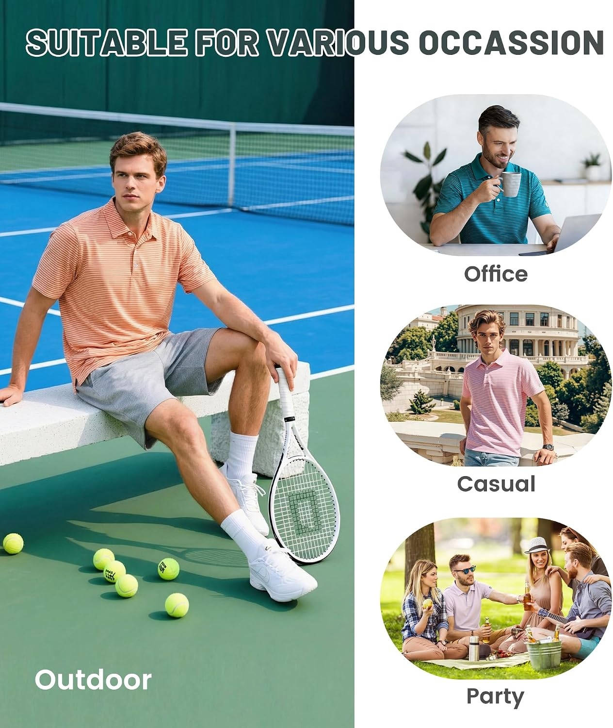 image:imageZITY 5 Pack Mens Golf Striped Polo Shirts Short Sleeve UPF 50 Moisture Wicking Athletic Daily Casual Collared ShirtSetg