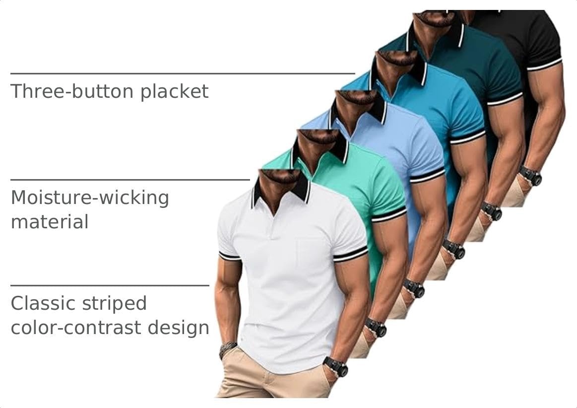 image:imageZITY 6 Pack Men Polo Shirts Short Sleeve Athletic Golf Polos with PocketSix Black White Blue Duckblue Green Brightblue