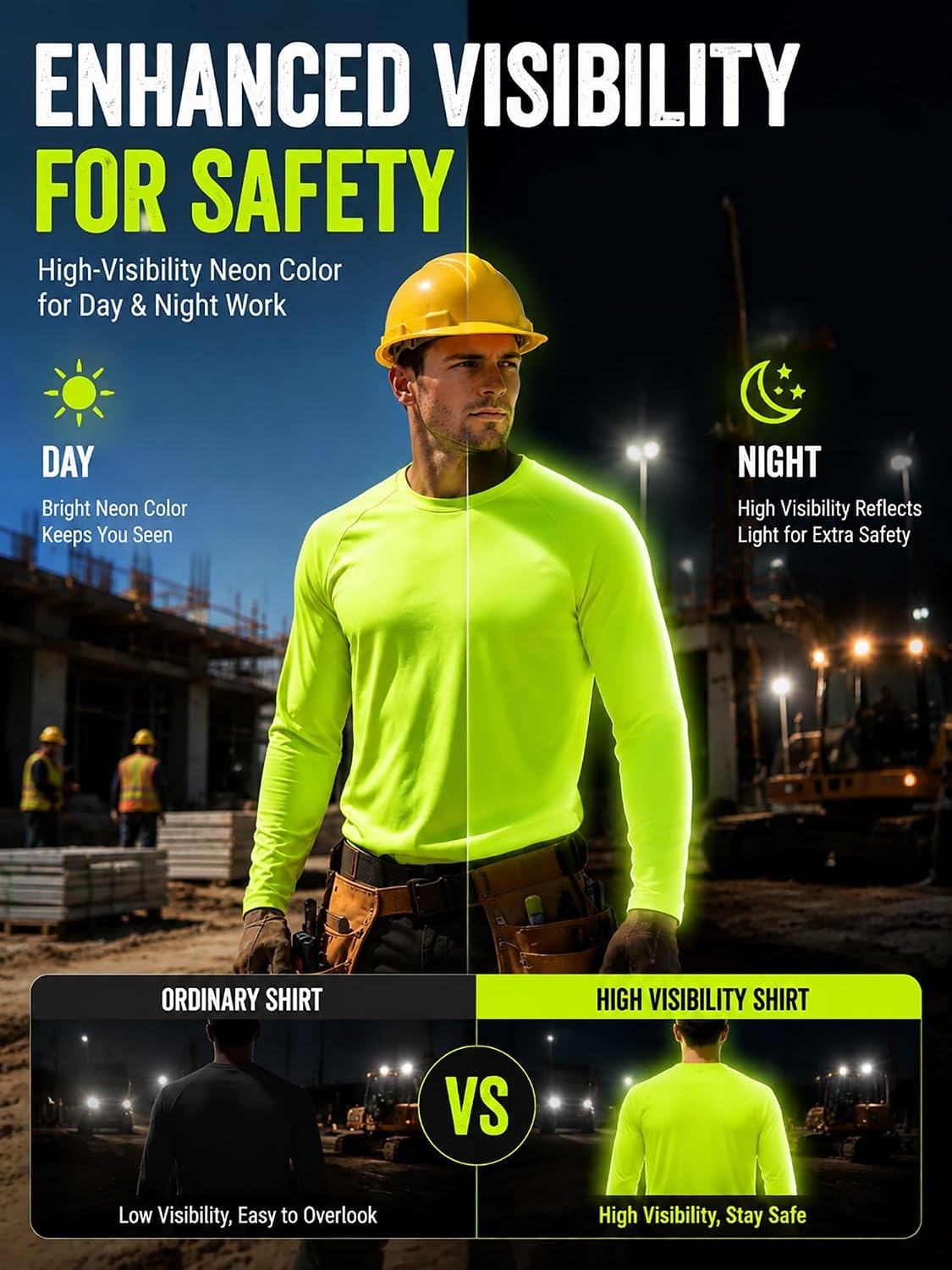image:imageZITY 7 Pack Long Sleeve Shirts for Mens UPF 50 Fast Dry7packsafetygreenNeongreen