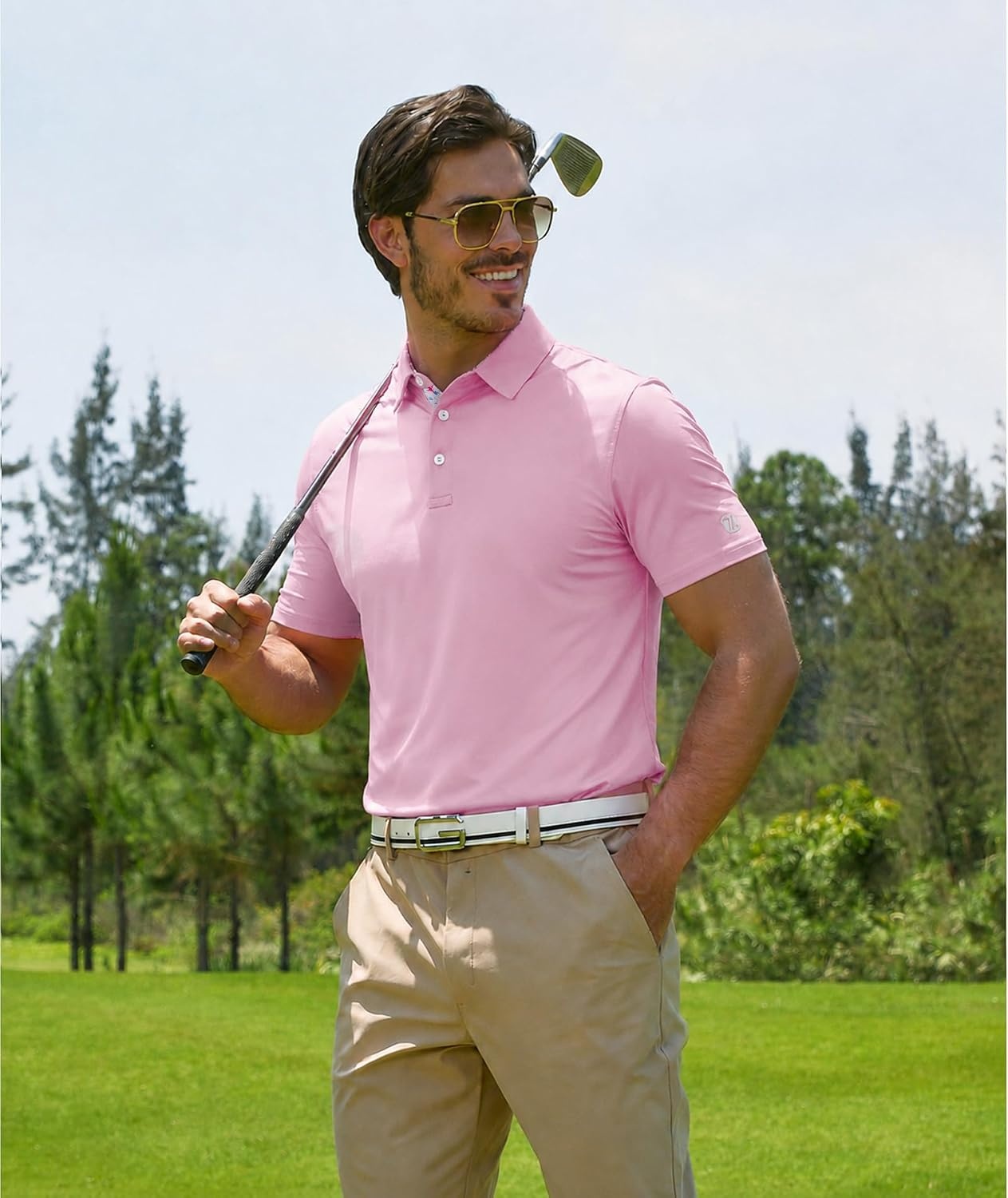 image:imageZITY Golf Shirts for Men Short Sleeve Moisture Wicking Solid Performance Designed Print Collared Casual Polo ShirtPink