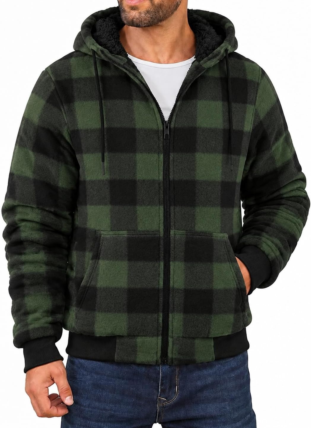 image:imageZITY Hoodies for Men Flannel Fleece Sweatshirt Sherpa Lined Plaid JacketGreen