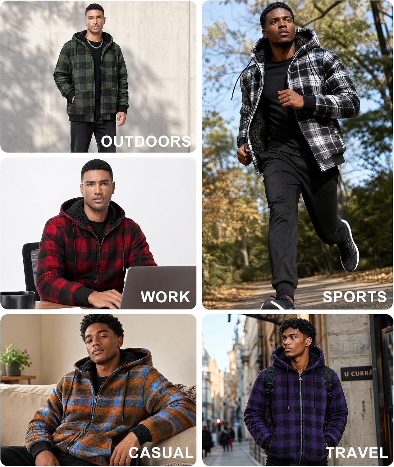 image:imageZITY Hoodies for Men Flannel Fleece Sweatshirt Sherpa Lined Plaid JacketGreen