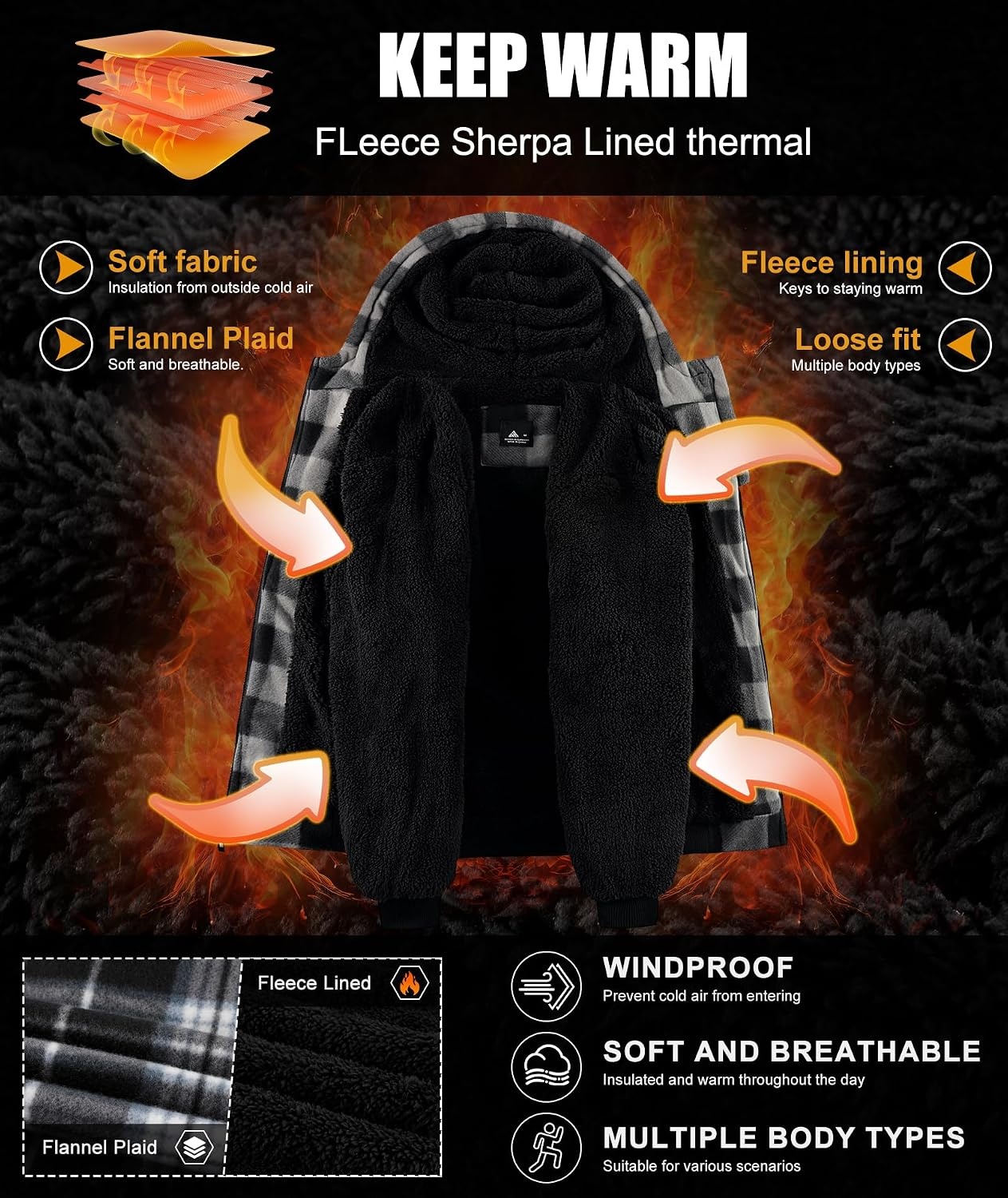 image:imageZITY Hoodies for Men Flannel Fleece Sweatshirt Sherpa Lined Plaid JacketGrey