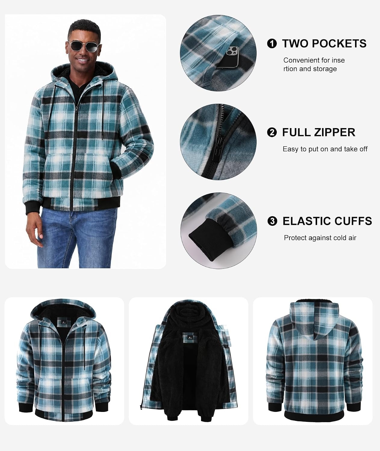 image:imageZITY Hoodies for Men Flannel Fleece Sweatshirt Sherpa Lined Plaid JacketLightblue
