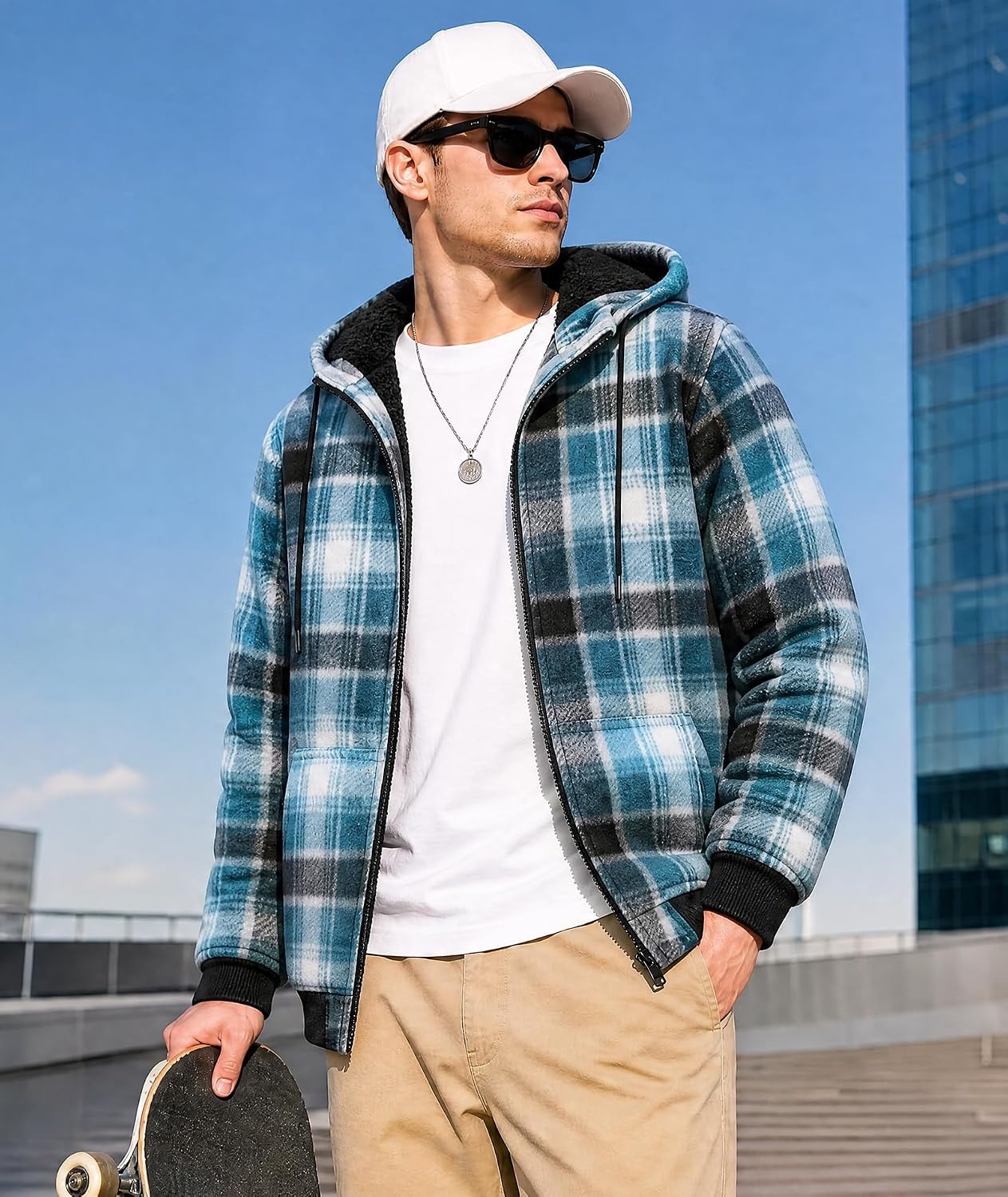 image:imageZITY Hoodies for Men Flannel Fleece Sweatshirt Sherpa Lined Plaid JacketLightblue