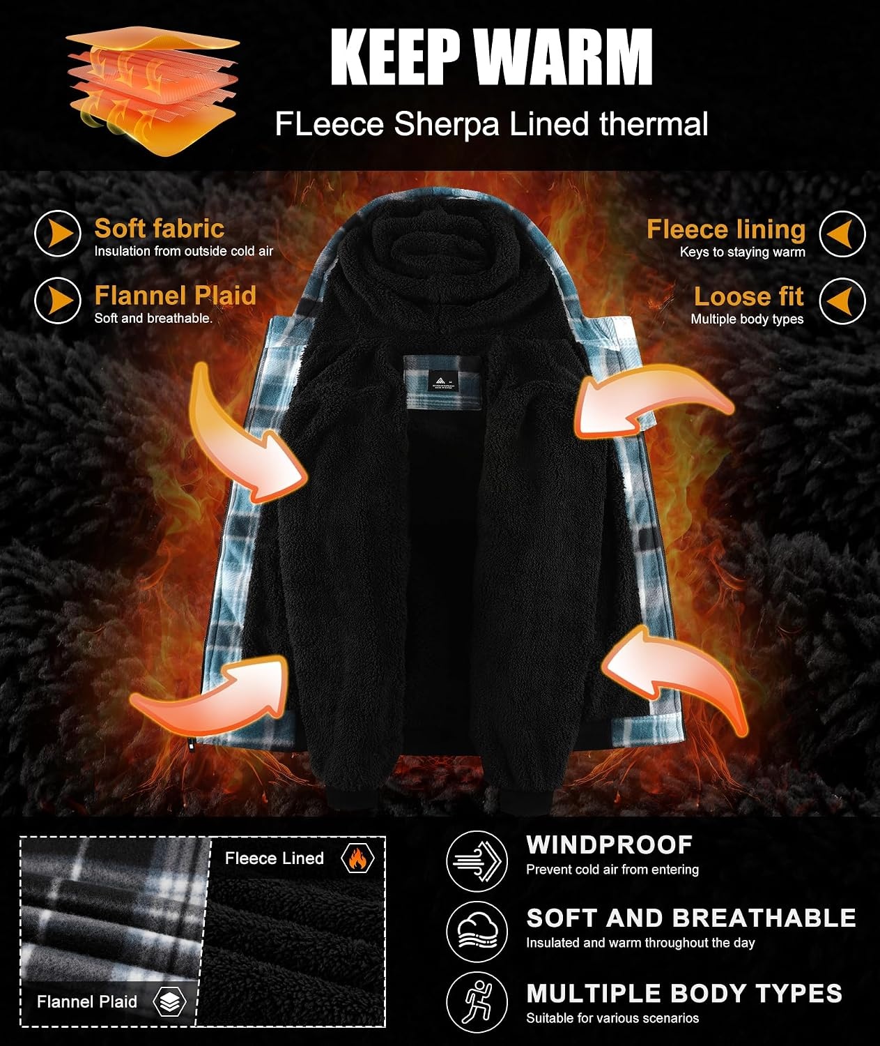image:imageZITY Hoodies for Men Flannel Fleece Sweatshirt Sherpa Lined Plaid JacketLightblue
