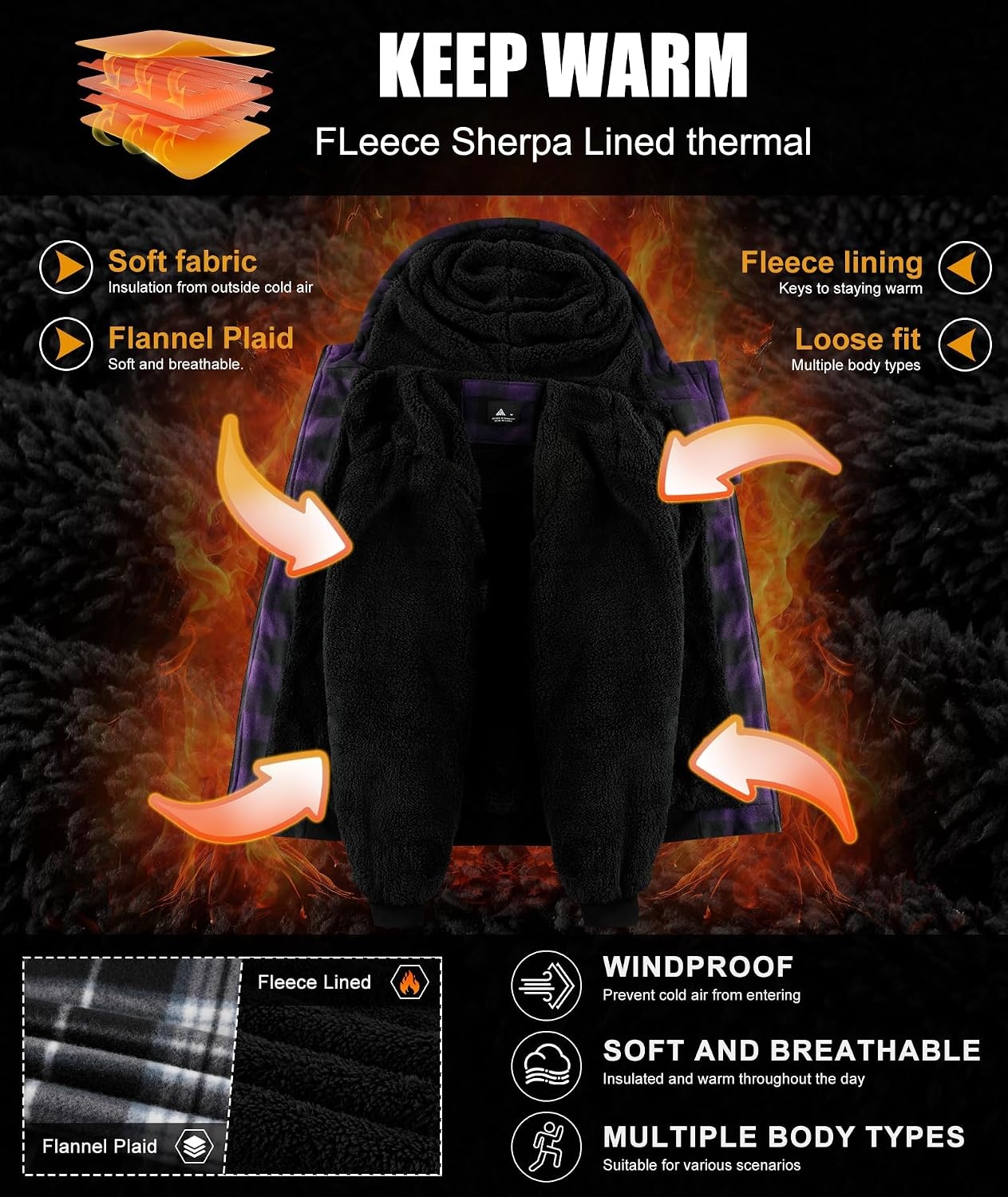 image:imageZITY Hoodies for Men Flannel Fleece Sweatshirt Sherpa Lined Plaid JacketPurple