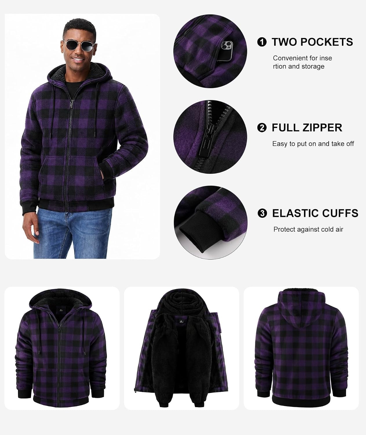 image:imageZITY Hoodies for Men Flannel Fleece Sweatshirt Sherpa Lined Plaid JacketPurple