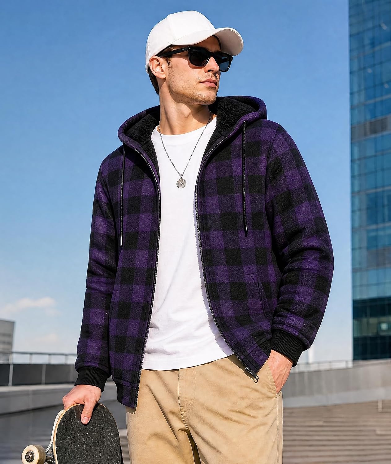 image:imageZITY Hoodies for Men Flannel Fleece Sweatshirt Sherpa Lined Plaid JacketPurple