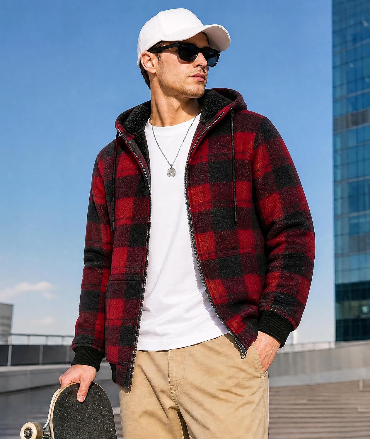 image:imageZITY Hoodies for Men Flannel Fleece Sweatshirt Sherpa Lined Plaid JacketRed