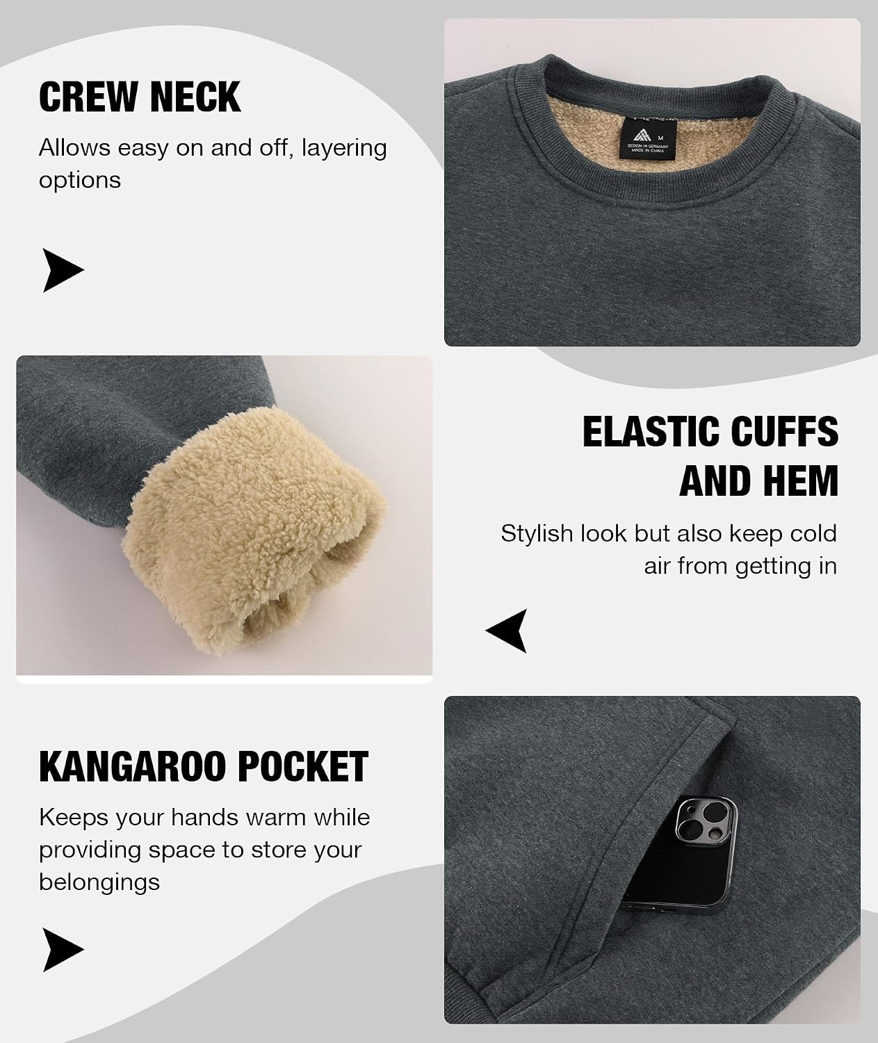 image:imageZITY Mens Crewneck Sweatshirts Sherpa Lined Sweatshirt Warm Soft Heavyweight Winter Pullover Kangaroo with Pouch PocketBlack Grey
