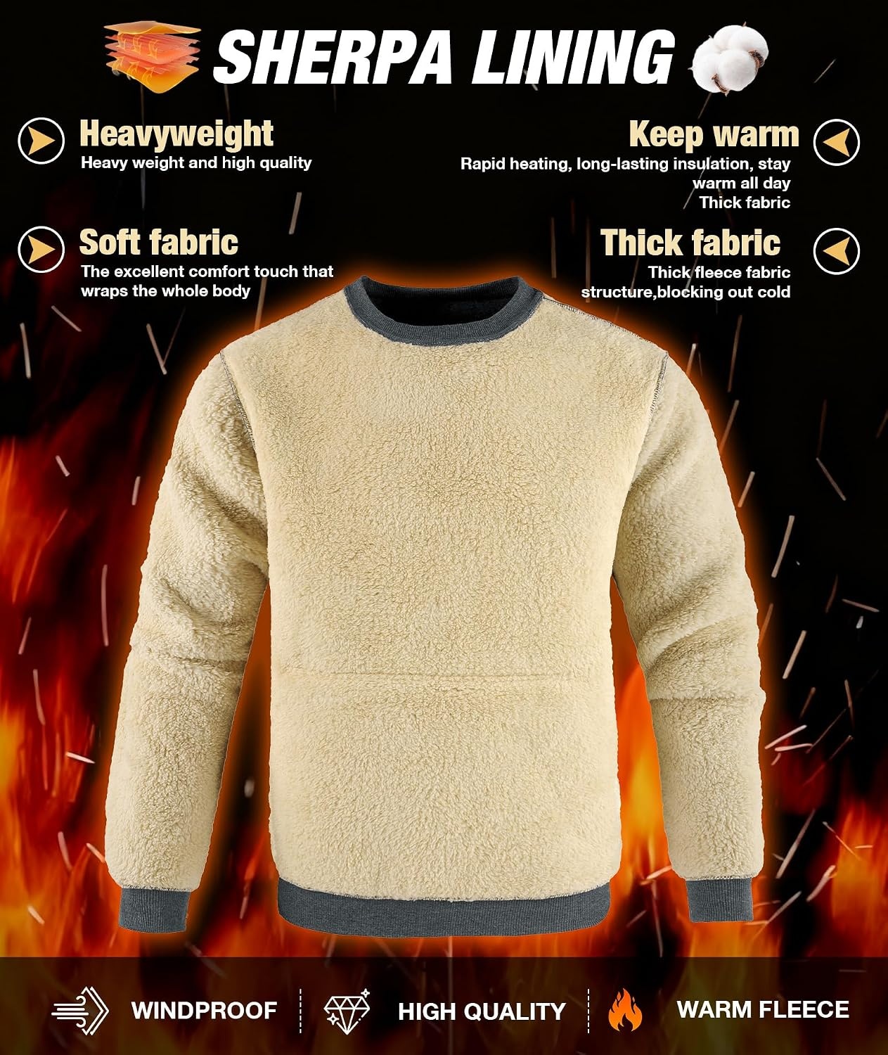 image:imageZITY Mens Crewneck Sweatshirts Sherpa Lined Sweatshirt Warm Soft Heavyweight Winter Pullover Kangaroo with Pouch PocketBlack Grey