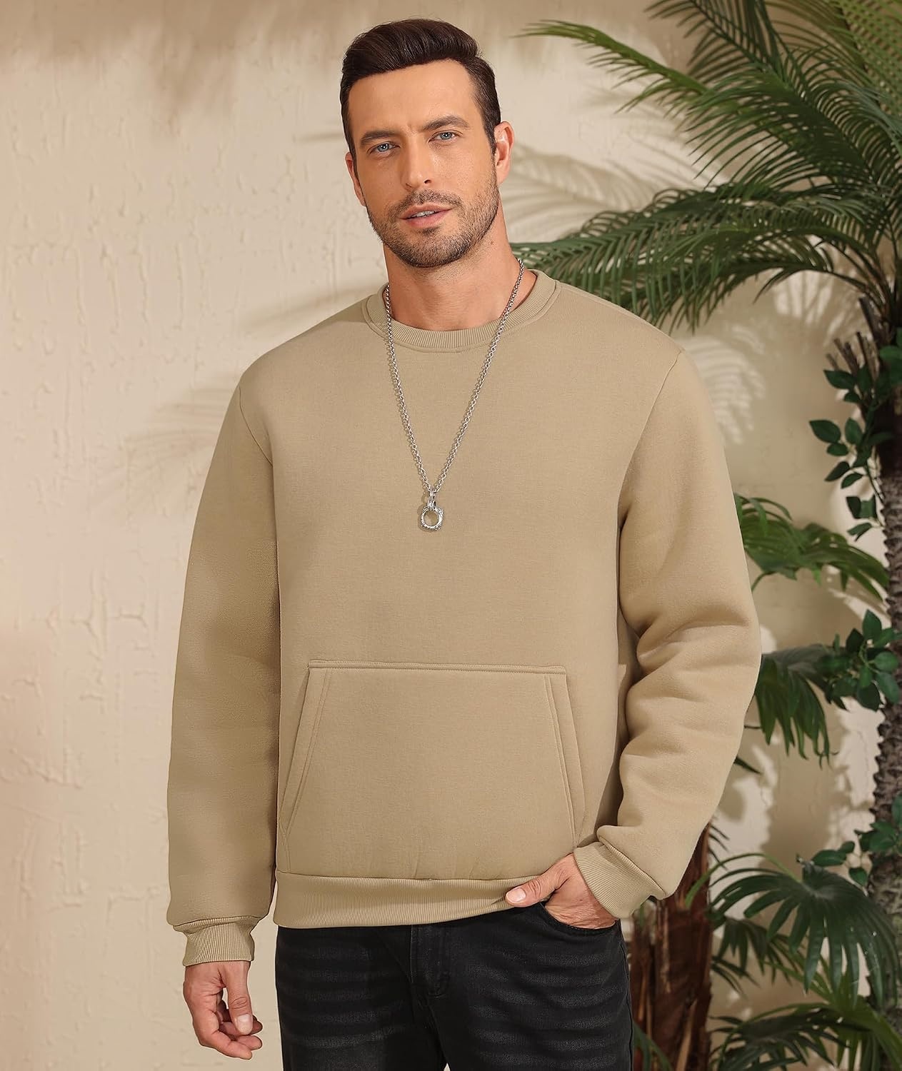 image:imageZITY Mens Crewneck Sweatshirts Sherpa Lined Sweatshirt Warm Soft Heavyweight Winter Pullover Kangaroo with Pouch PocketBlack Light Brown