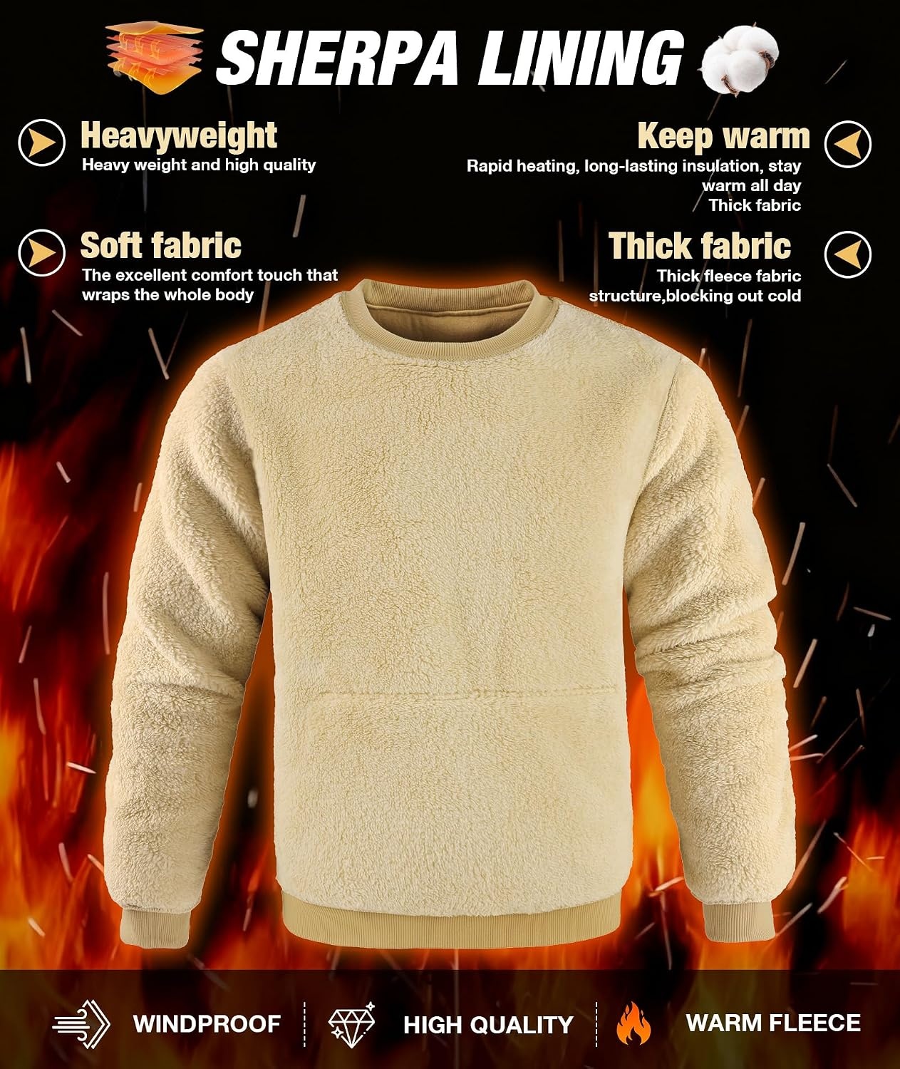 image:imageZITY Mens Crewneck Sweatshirts Sherpa Lined Sweatshirt Warm Soft Heavyweight Winter Pullover Kangaroo with Pouch PocketBlack Light Brown