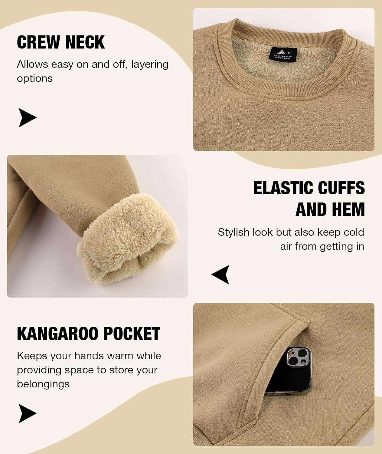 image:imageZITY Mens Crewneck Sweatshirts Sherpa Lined Sweatshirt Warm Soft Heavyweight Winter Pullover Kangaroo with Pouch PocketBlack Light Brown
