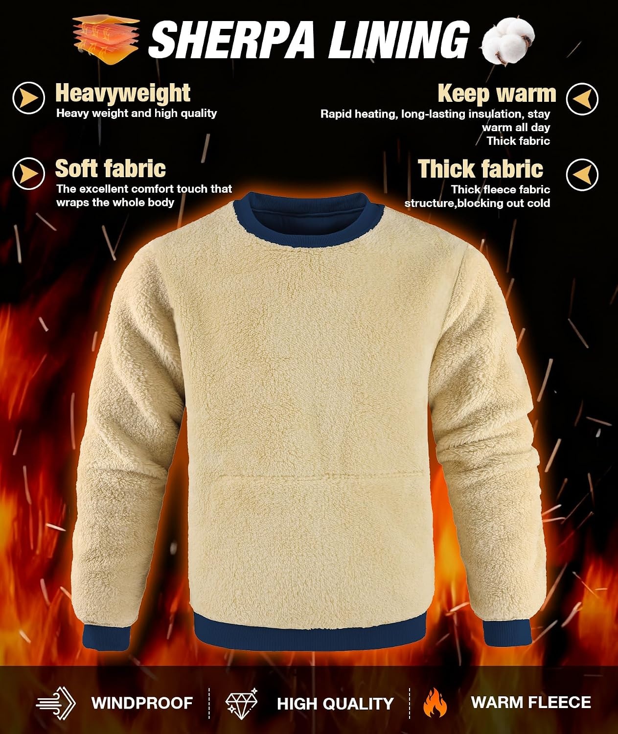 image:imageZITY Mens Crewneck Sweatshirts Sherpa Lined Sweatshirt Warm Soft Heavyweight Winter Pullover Kangaroo with Pouch PocketBlack Navy Blue