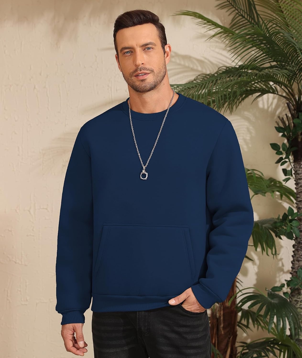 image:imageZITY Mens Crewneck Sweatshirts Sherpa Lined Sweatshirt Warm Soft Heavyweight Winter Pullover Kangaroo with Pouch PocketBlack Navy Blue