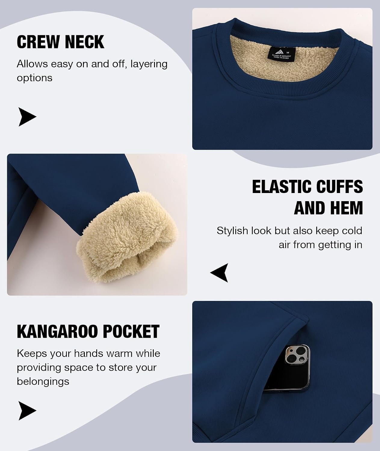 image:imageZITY Mens Crewneck Sweatshirts Sherpa Lined Sweatshirt Warm Soft Heavyweight Winter Pullover Kangaroo with Pouch PocketBlack Navy Blue