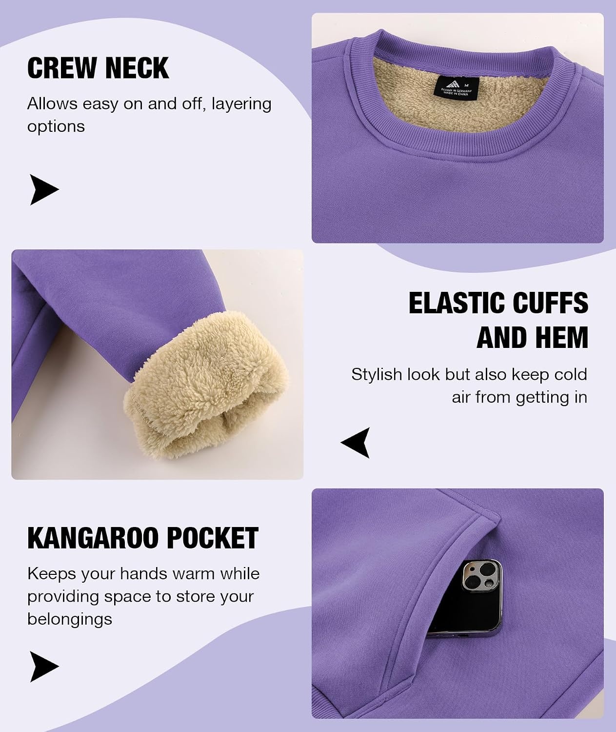 image:imageZITY Mens Crewneck Sweatshirts Sherpa Lined Sweatshirt Warm Soft Heavyweight Winter Pullover Kangaroo with Pouch PocketBlack Purple