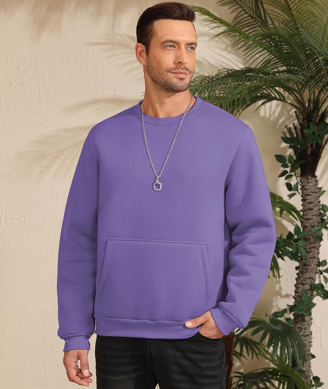 image:imageZITY Mens Crewneck Sweatshirts Sherpa Lined Sweatshirt Warm Soft Heavyweight Winter Pullover Kangaroo with Pouch PocketBlack Purple