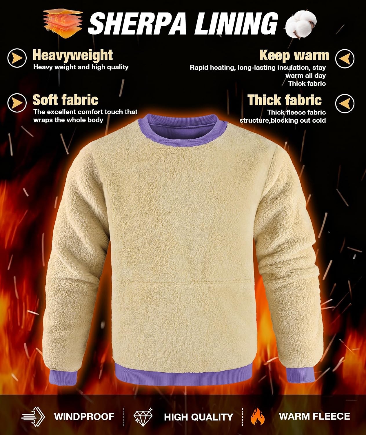 image:imageZITY Mens Crewneck Sweatshirts Sherpa Lined Sweatshirt Warm Soft Heavyweight Winter Pullover Kangaroo with Pouch PocketBlack Purple