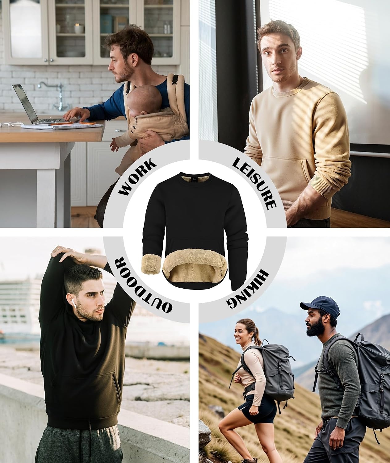 image:imageZITY Mens Crewneck Sweatshirts Sherpa Lined Sweatshirt Warm Soft Heavyweight Winter Pullover Kangaroo with Pouch PocketBlack Wine Red