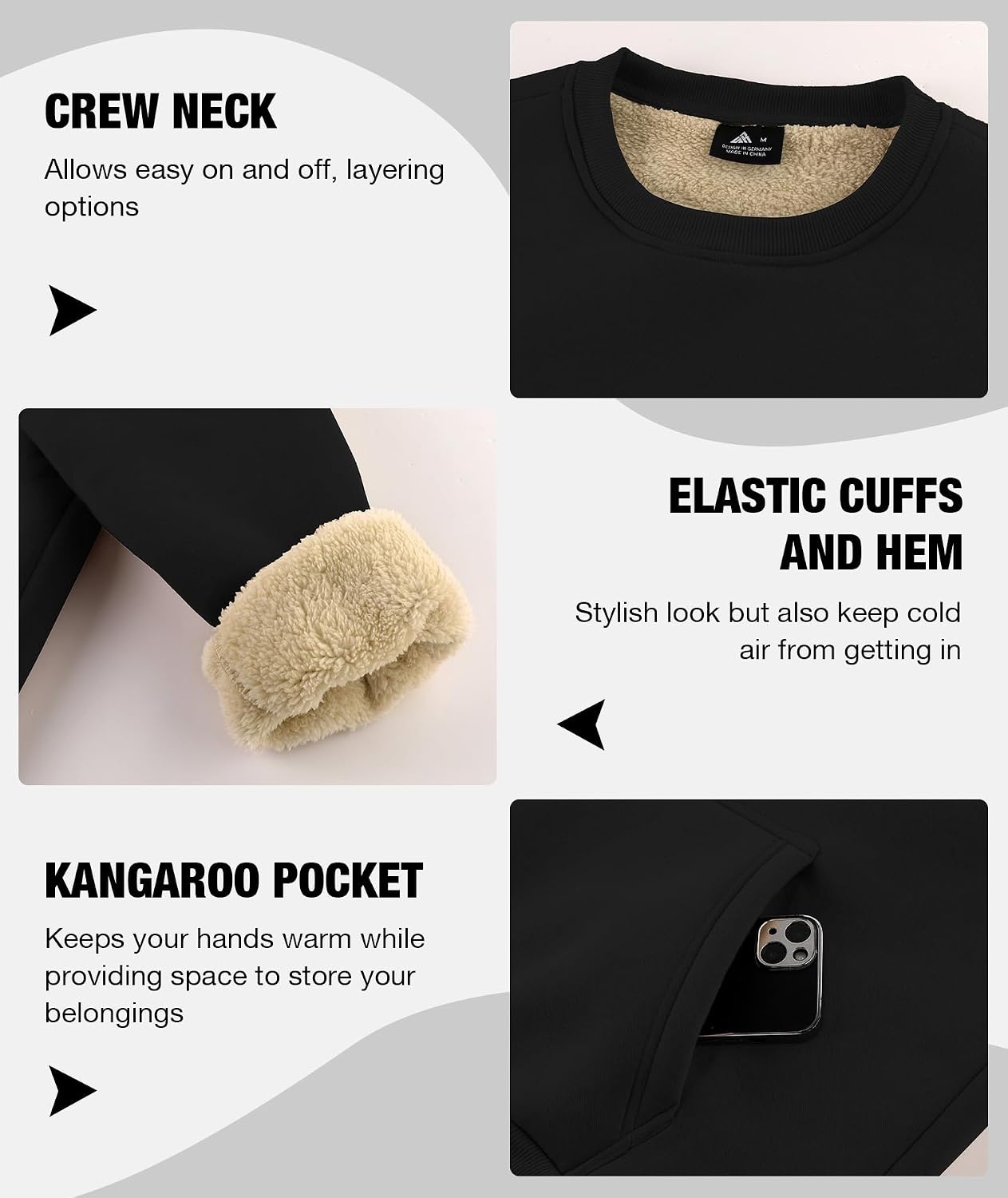 image:imageZITY Mens Crewneck Sweatshirts Sherpa Lined Sweatshirt Warm Soft Heavyweight Winter Pullover Kangaroo with Pouch PocketBlack Wine Red
