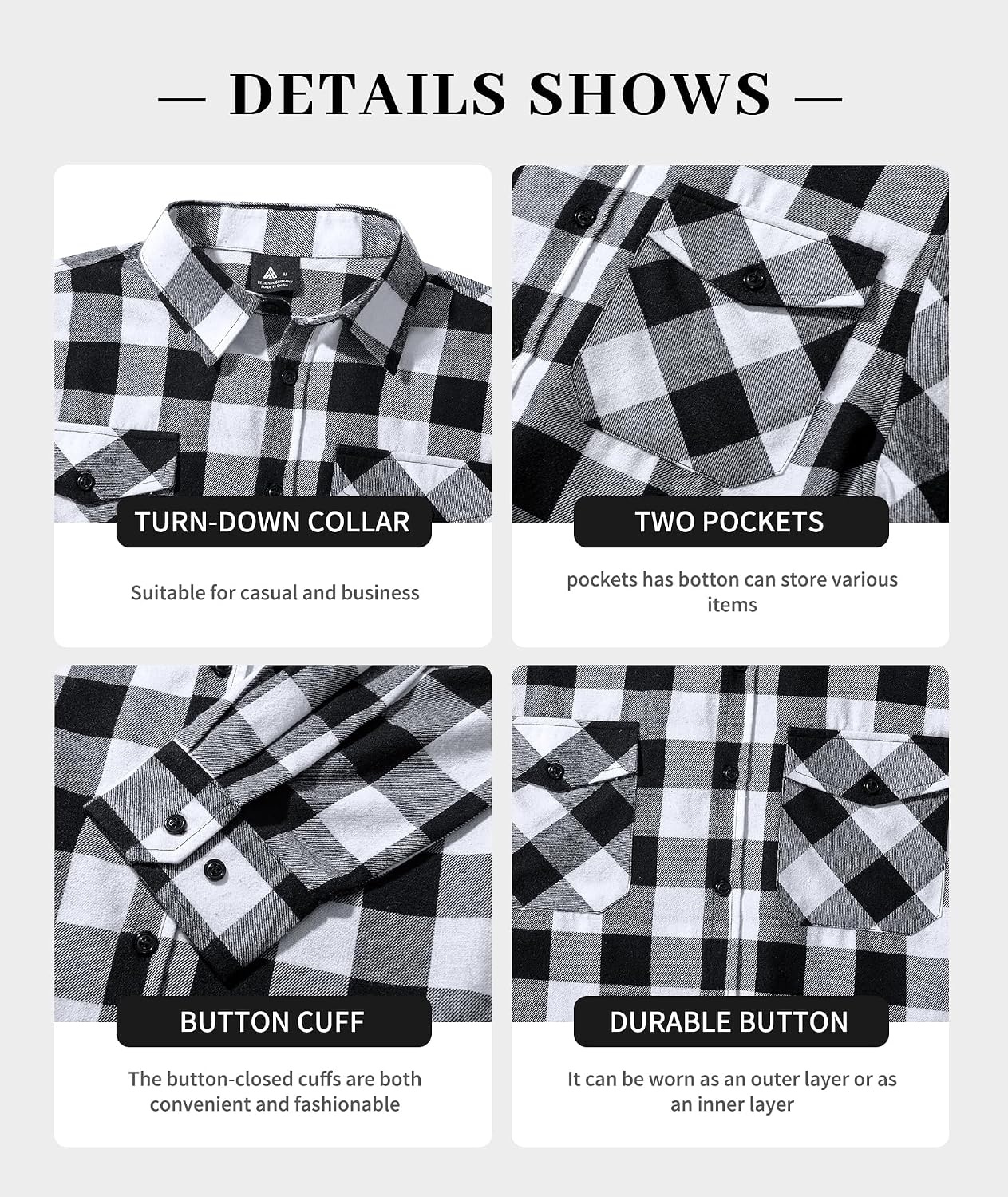 image:imageZITY Mens Flannel Plaid Shirts Button Down Long Sleeve with PocketOne Whiteblack