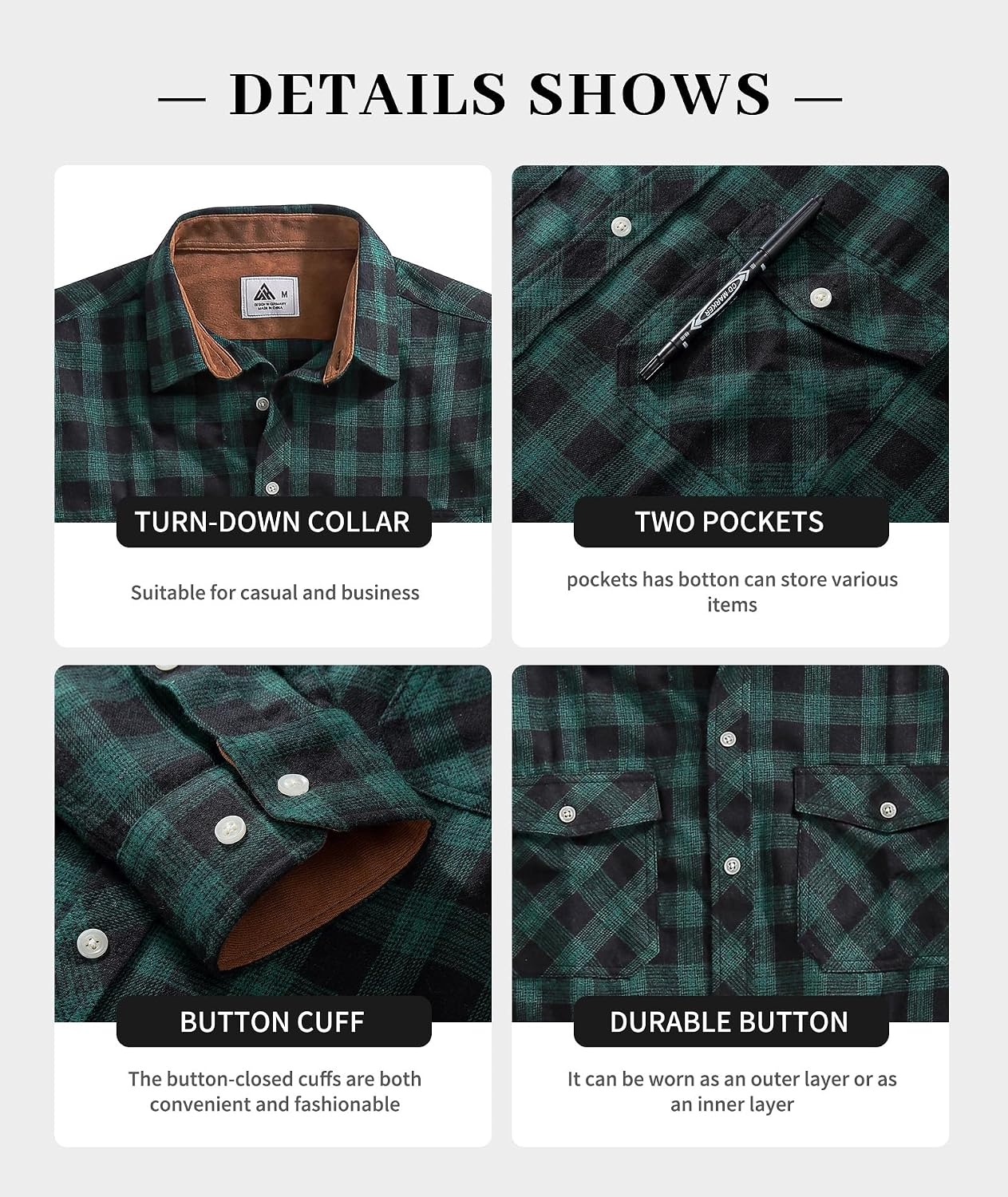 image:imageZITY Mens Flannel Plaid Shirts Button Down Long Sleeve with PocketY One Greenblack