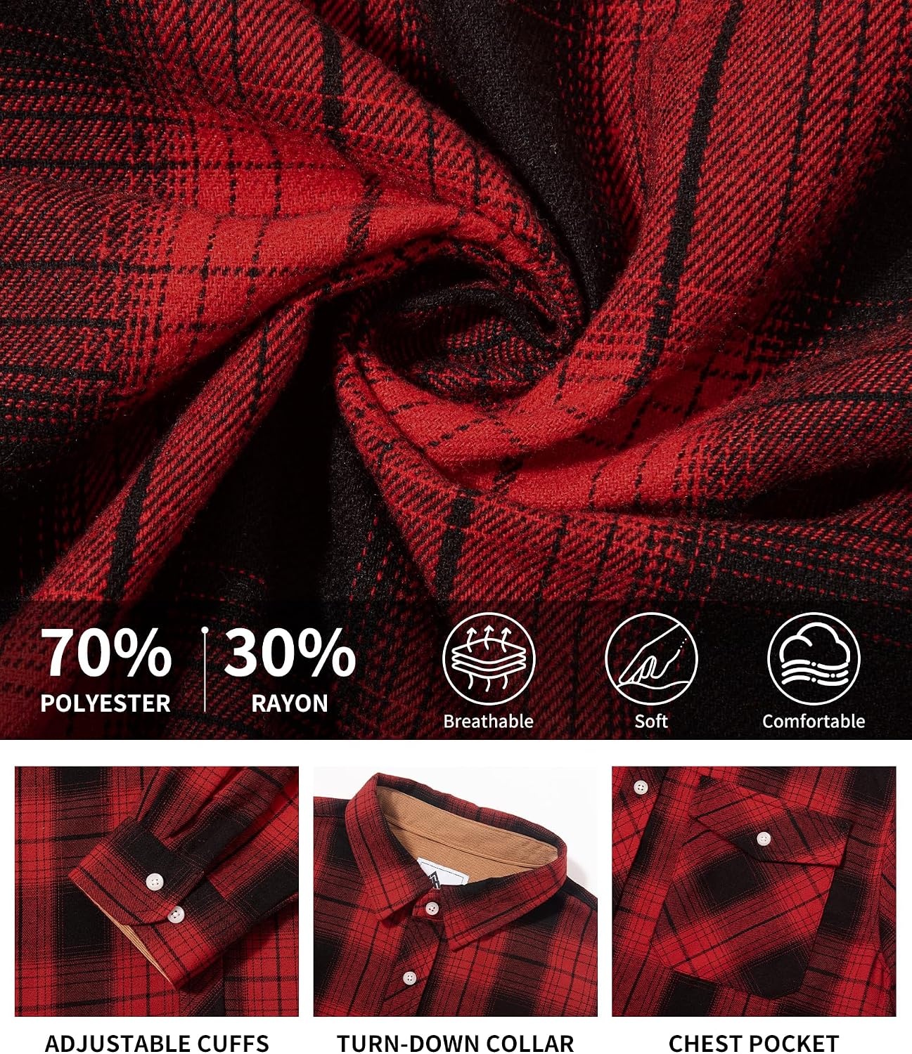 image:imageZITY Mens Flannel Shirt Plaid Button Down Shirts Long Sleeve CasualBlack Red Grid