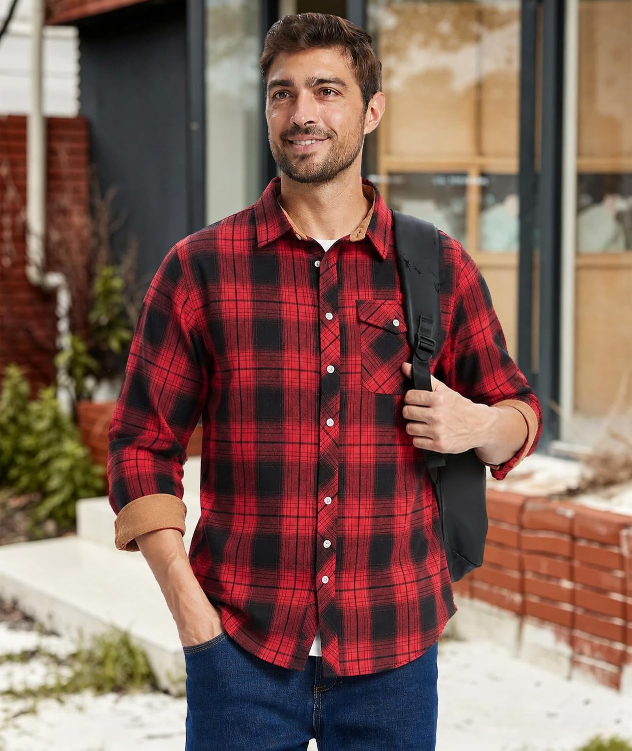 image:imageZITY Mens Flannel Shirt Plaid Button Down Shirts Long Sleeve CasualBlack Red Grid