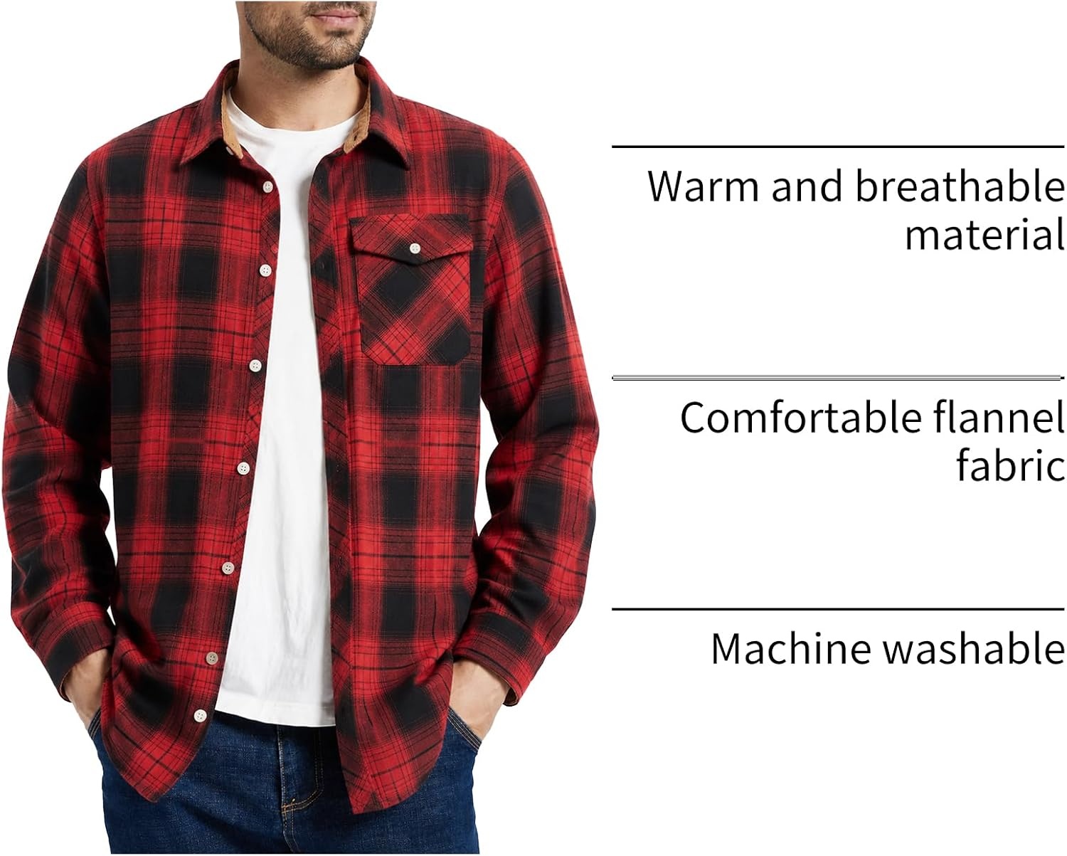 image:imageZITY Mens Flannel Shirt Plaid Button Down Shirts Long Sleeve CasualBlack Red Grid
