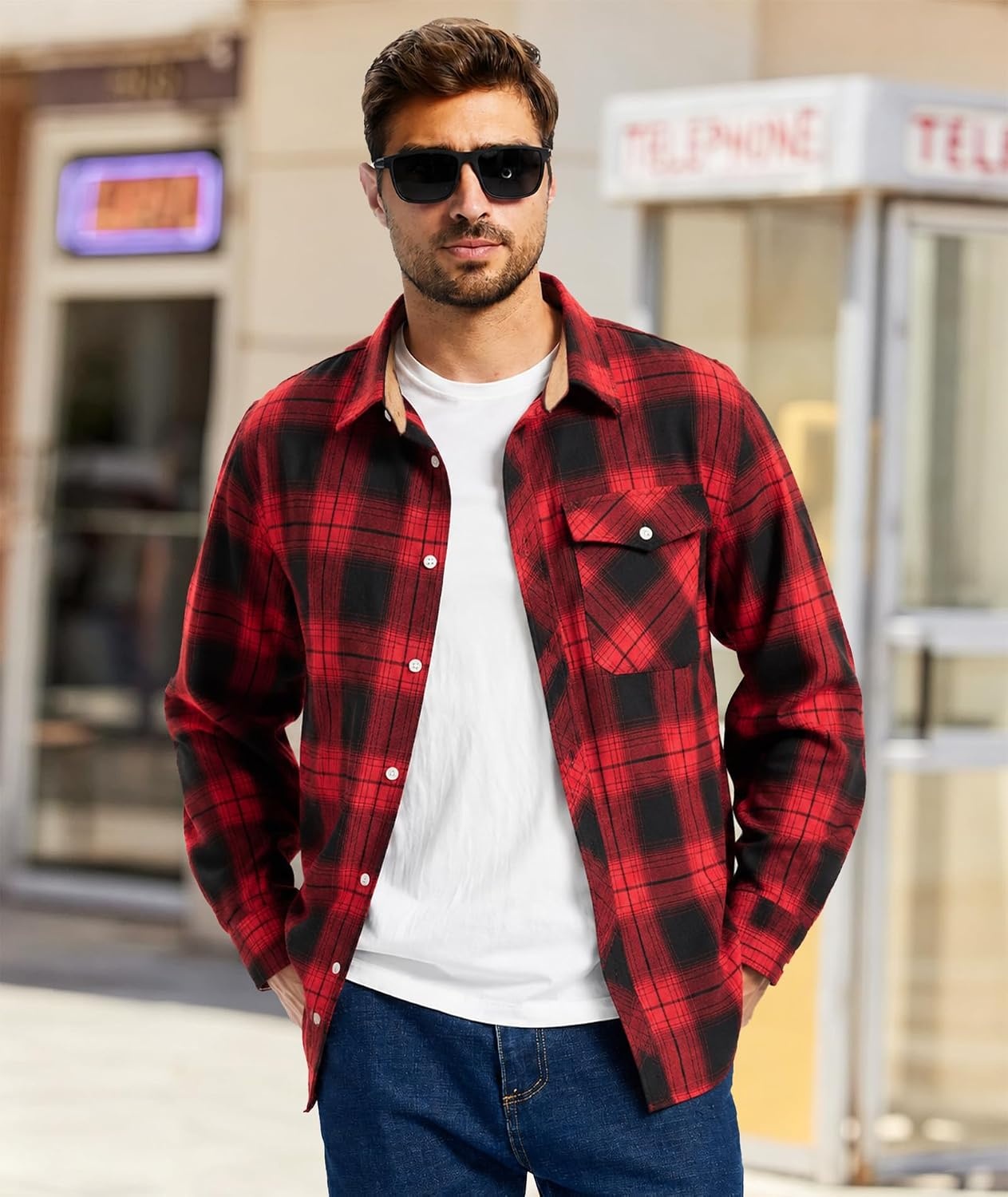 image:imageZITY Mens Flannel Shirt Plaid Button Down Shirts Long Sleeve CasualBlack Red Grid